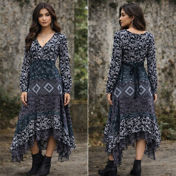 Tattienne Dresses & Skirts - Boho Midi Dress Sz S Geometric Print Long Sheer Sleeve Whimsygoth Fairy Grunge